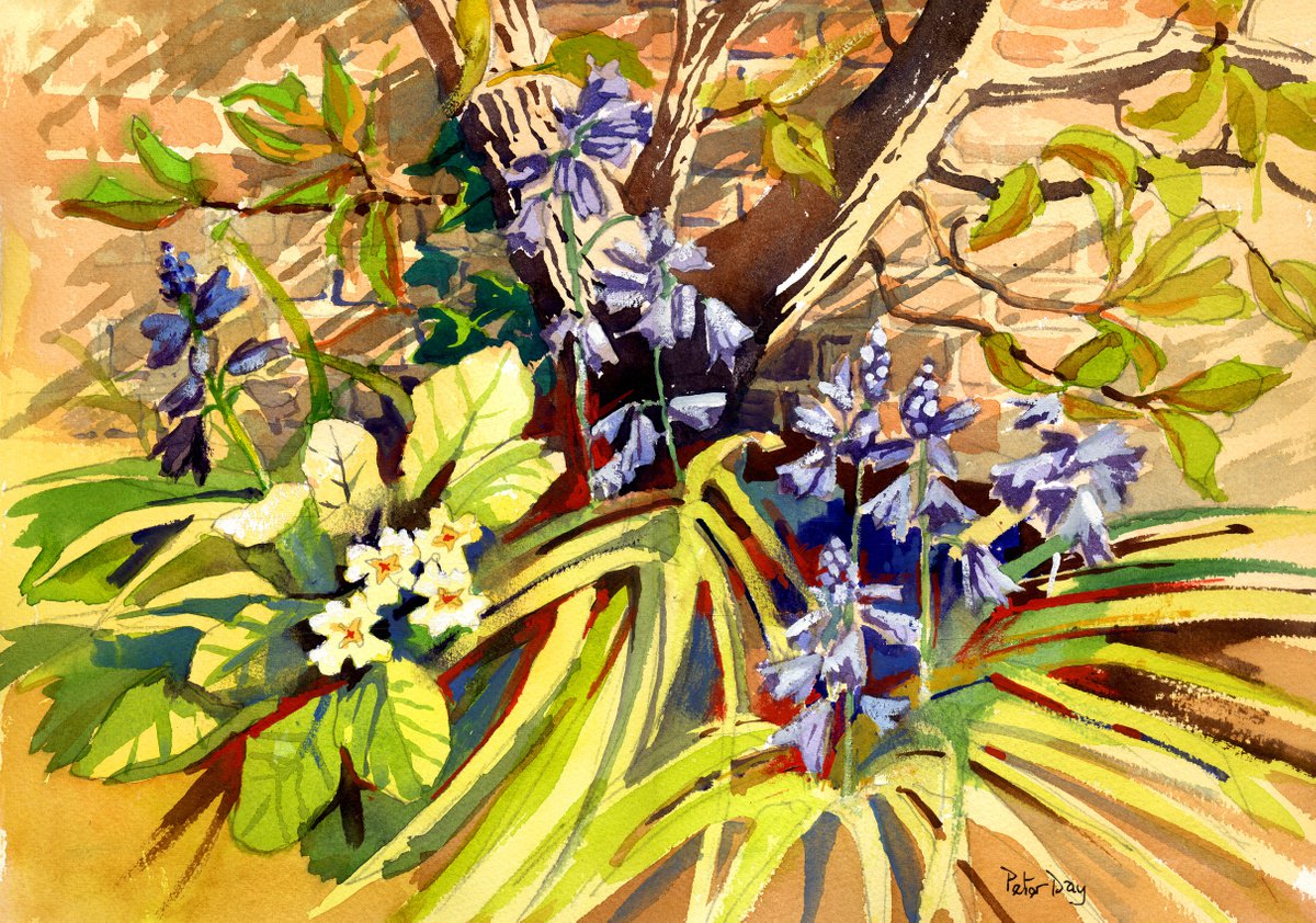 Impressionistic Botanical Watercolour By Peter Day, 17 X 13", Primroses And Bluebells, Original Artwork