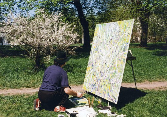 FLOWERING BUSH - Landscape, floral art, plants and trees, ecology, spring blossom, blooming bloomy bush, tree, plant,  large original oil painting