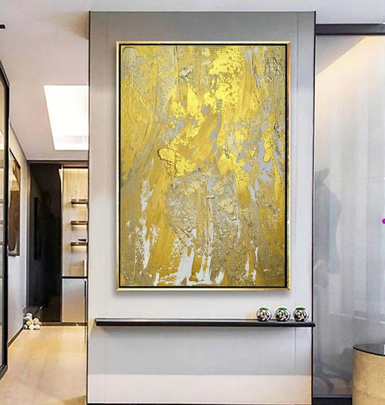 Golden Expressive Abstract Painting. Gold luxury art.