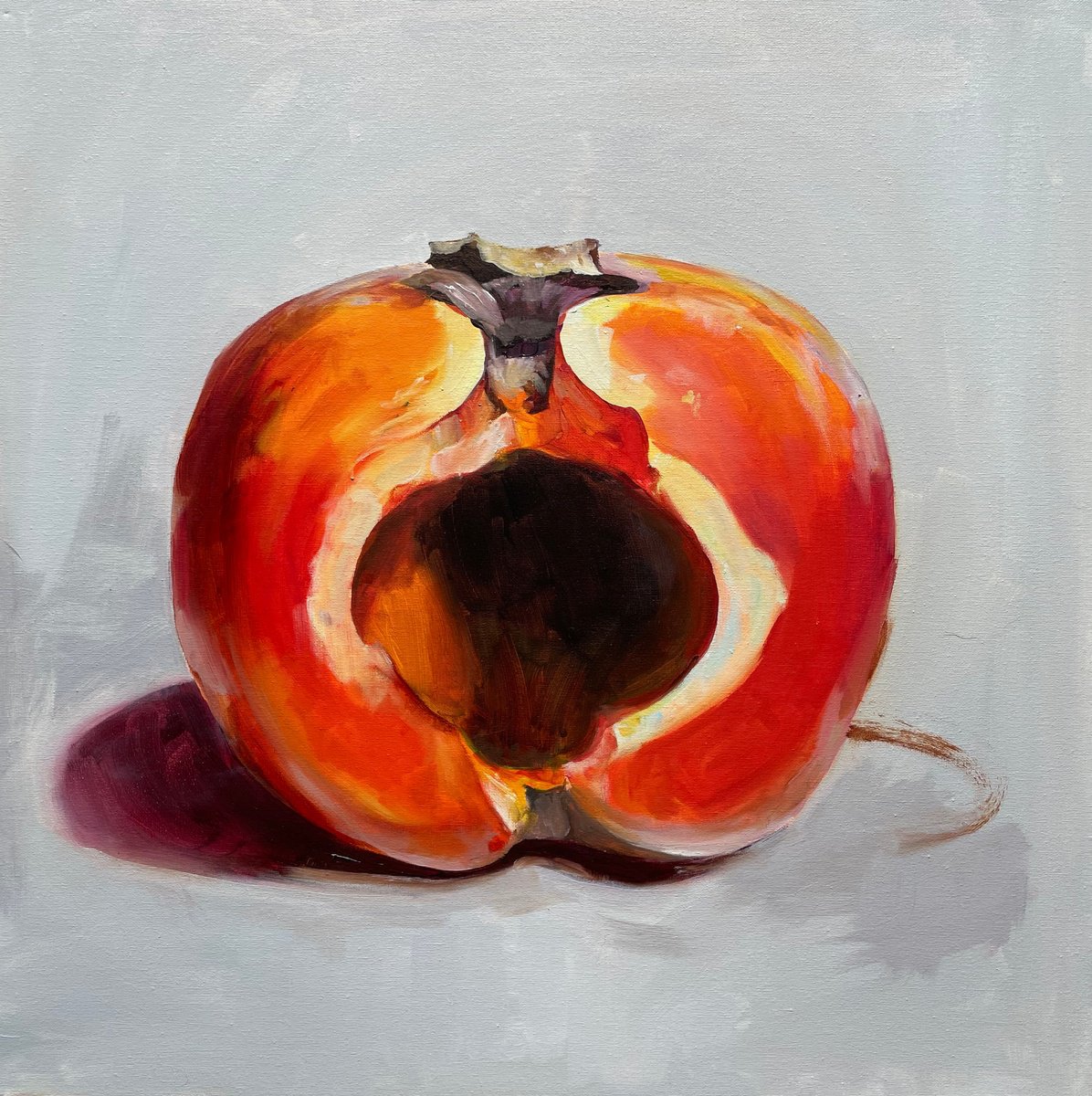Expressive Still Life Oil Painting By Elina Evstig, 24 X 24, Persimmon With Grey Background, Original Artwork