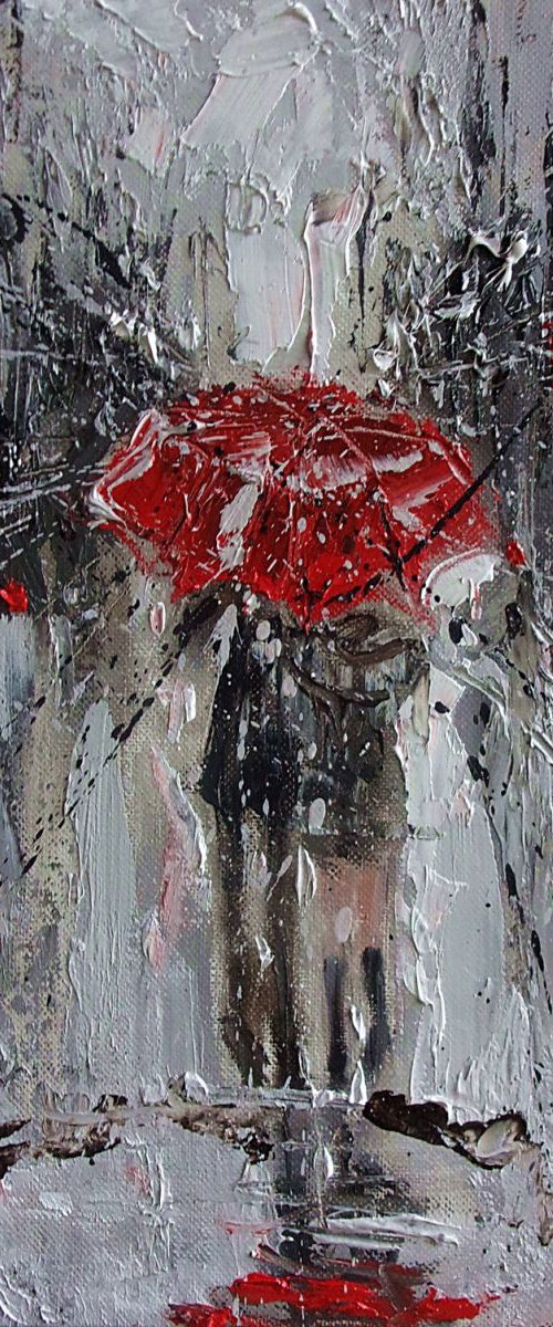 " WALKING IN THE RAIN II " original painting CITY palette knife by Monika Luniak
