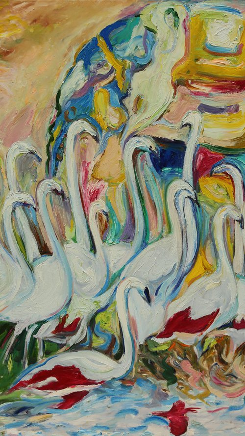 FLAMINGO - animal art, birds, original oil painting, large size XL , white and rose by Karakhan