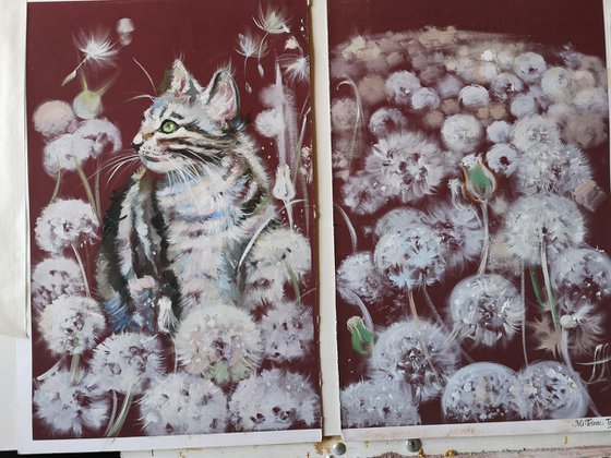 Set of 2 Cat Arts, Cat Original Oil Painting