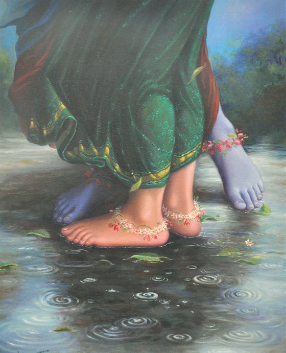 The Dancing Droplets On – The Lotus Feets | Oil Painting By Hari Om Singh