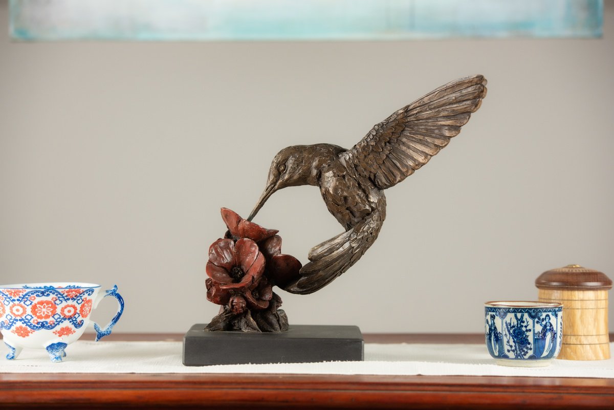 Animal Bronze Sculpture By Tanya Russell, 11 X 11", Hummingbird Bronze Resin, Original Artwork