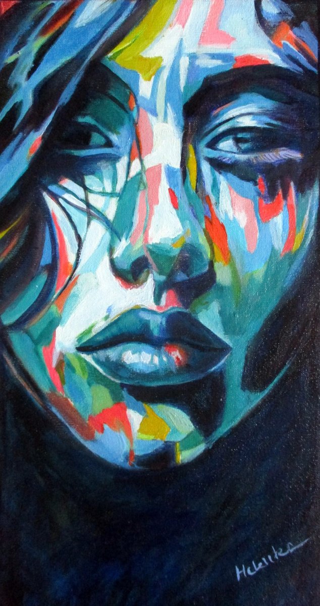 Expressive Portrait Acrylic Painting By Helena Wierzbicki, 16 X 30, Beautiful But Torn, Original Artwork