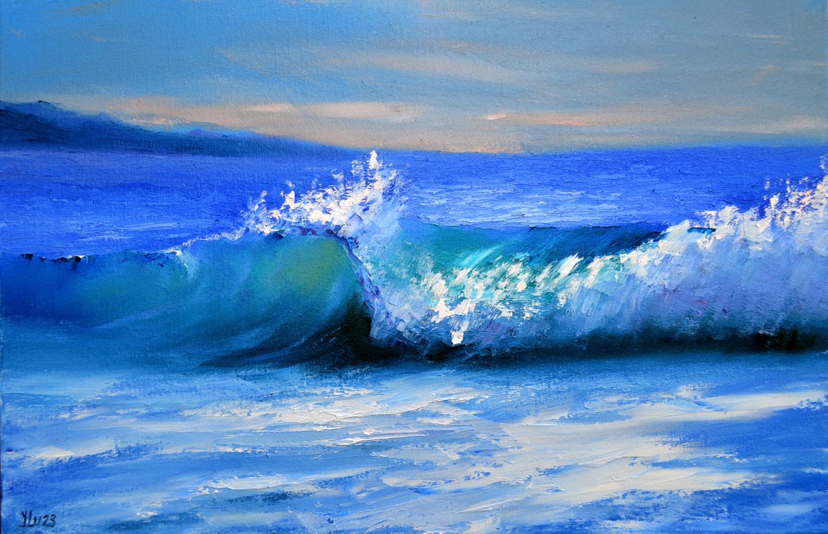 Expressive Landscape Oil Painting By Elena Lukina, 24 X 16, Beautiful Wave, Original Artwork