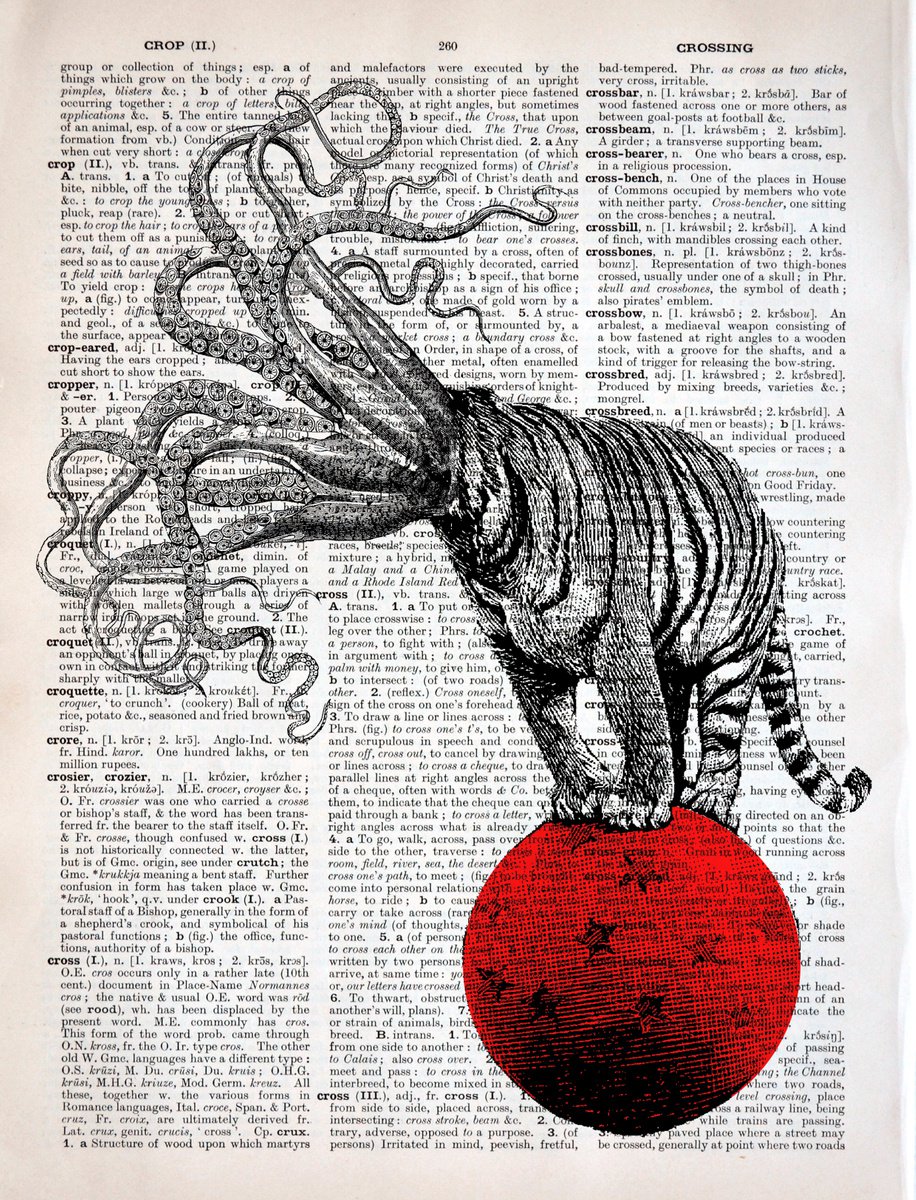 Octopus Circus - Collage Art Print on Large Real English Dictionary Vintage Book Page by Jakub DK - JAKUB D KRZEWNIAK