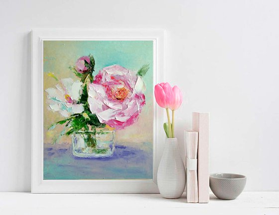 Peonies Painting Original Art Pink Floral Small Artwork Daisy Wall Art