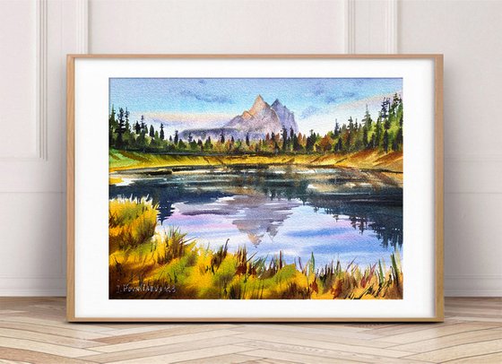 Dolomitic Sunset original watercolor artwork, sunset painting, reflection