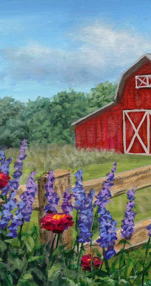 Red Barn with Spring Blooms by Steph Moraca