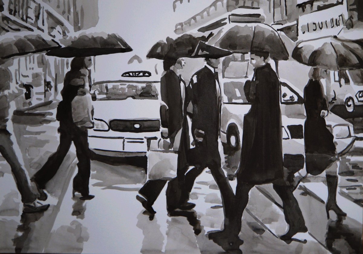 Urban And Pop Portrait Ink Drawing By Alexandra Djokic, 17 X 12, Rainy Day, Original Artwork
