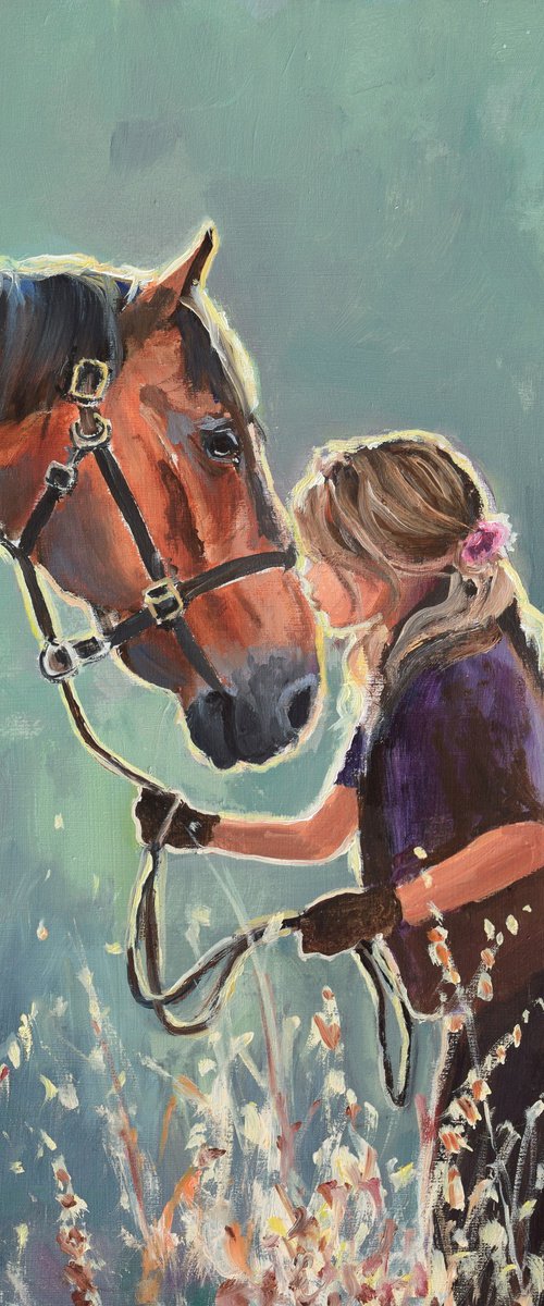 Girl kissing a brown horse by Lucia Verdejo