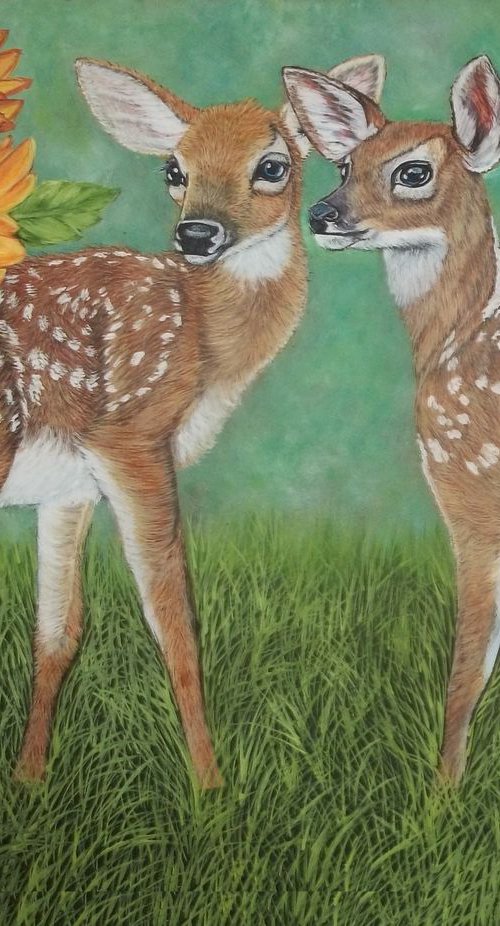 original oil painting Two Whitetail Deer Fawns and Sunflowers size 24"x 20" x 5/8" by Sofya Mikeworth