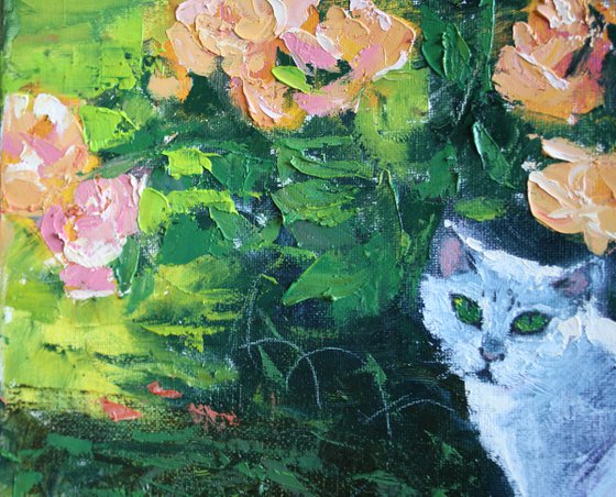 Roses and cat... /  ORIGINAL PAINTING