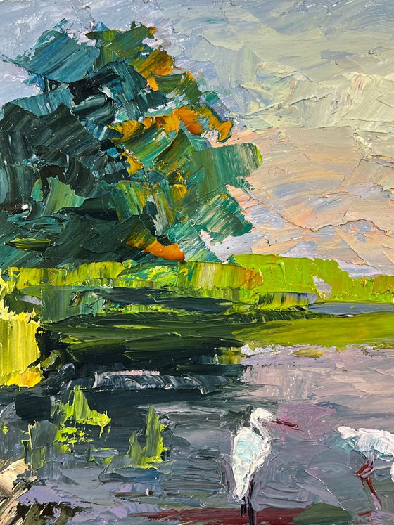 Storks by the Pond