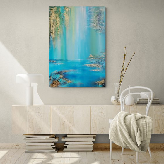 A XL large semi-abstract beautiful structured mixed media painting of a lake "Under the willow"