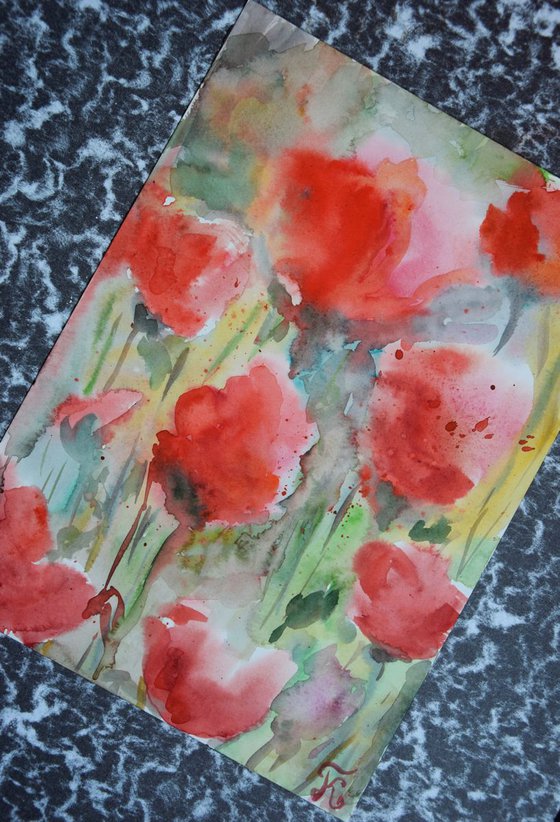 Original watercolor painting Flowers poppies