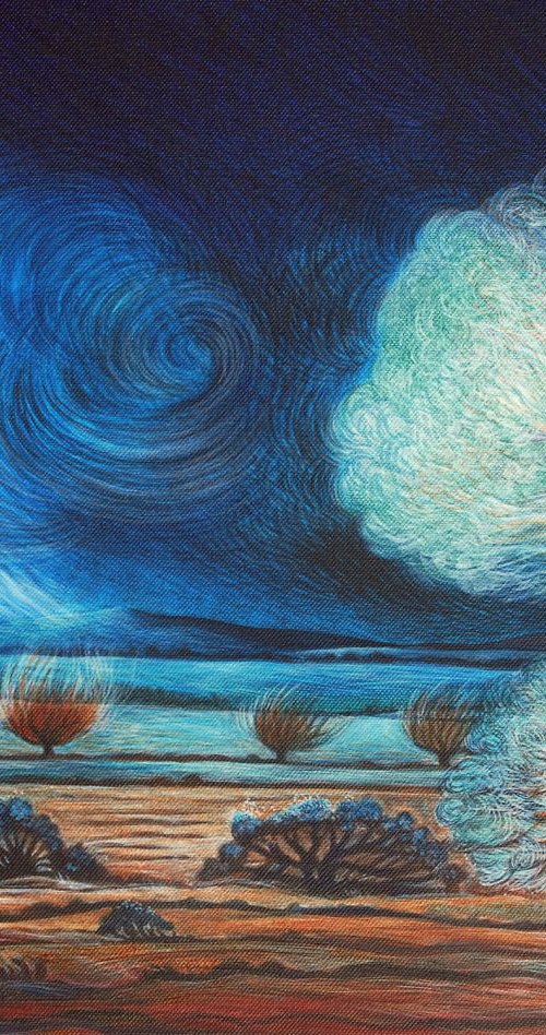 An angel gazes at distant rainfall by Phyllis Mahon