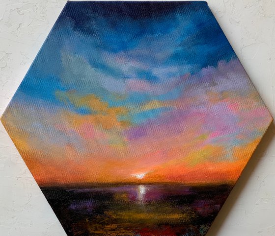 Sunset!  Ready to hang! Painting on hexagon canvas