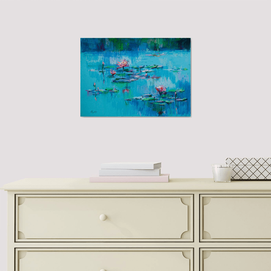 Waterlilies. Sunset. Oil pastel painting. Blue small painting water pond decor interior flowers monet impressionism