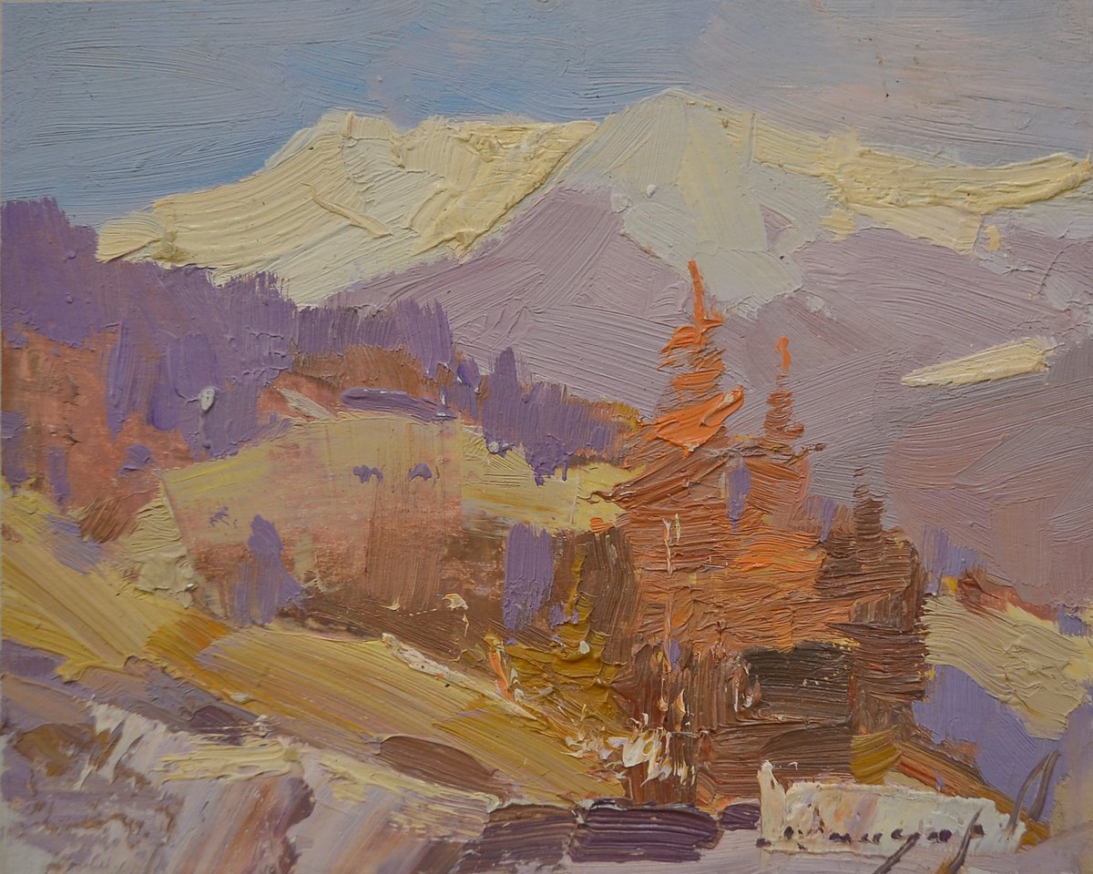 Impressionistic Landscape Oil Painting By Alexander Shandor, 10 X 7, Snow In The Mountains, Original Artwork