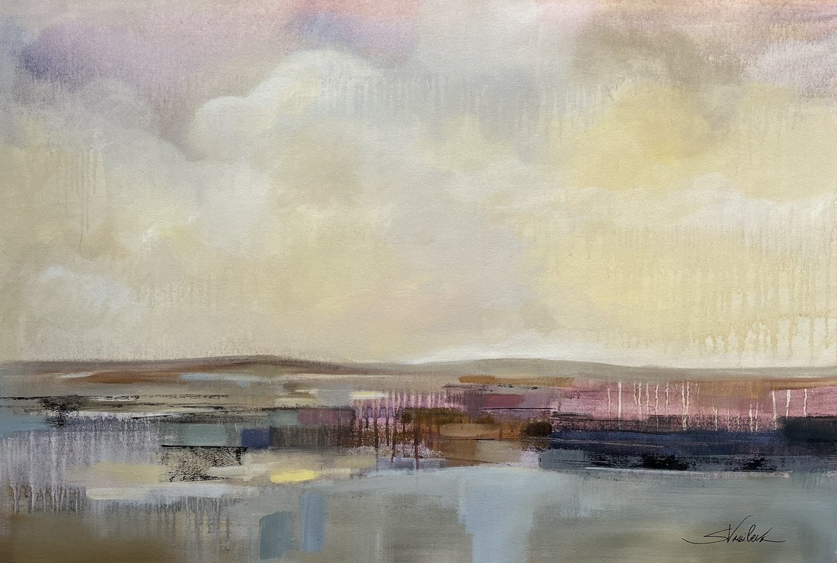 Abstract Landscape Acrylic Painting By Silvia Vassileva, 36 X 24", Billowing Clouds, Original Artwork