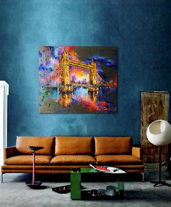 London - evening lights - oil original painting, abstract, palette knife