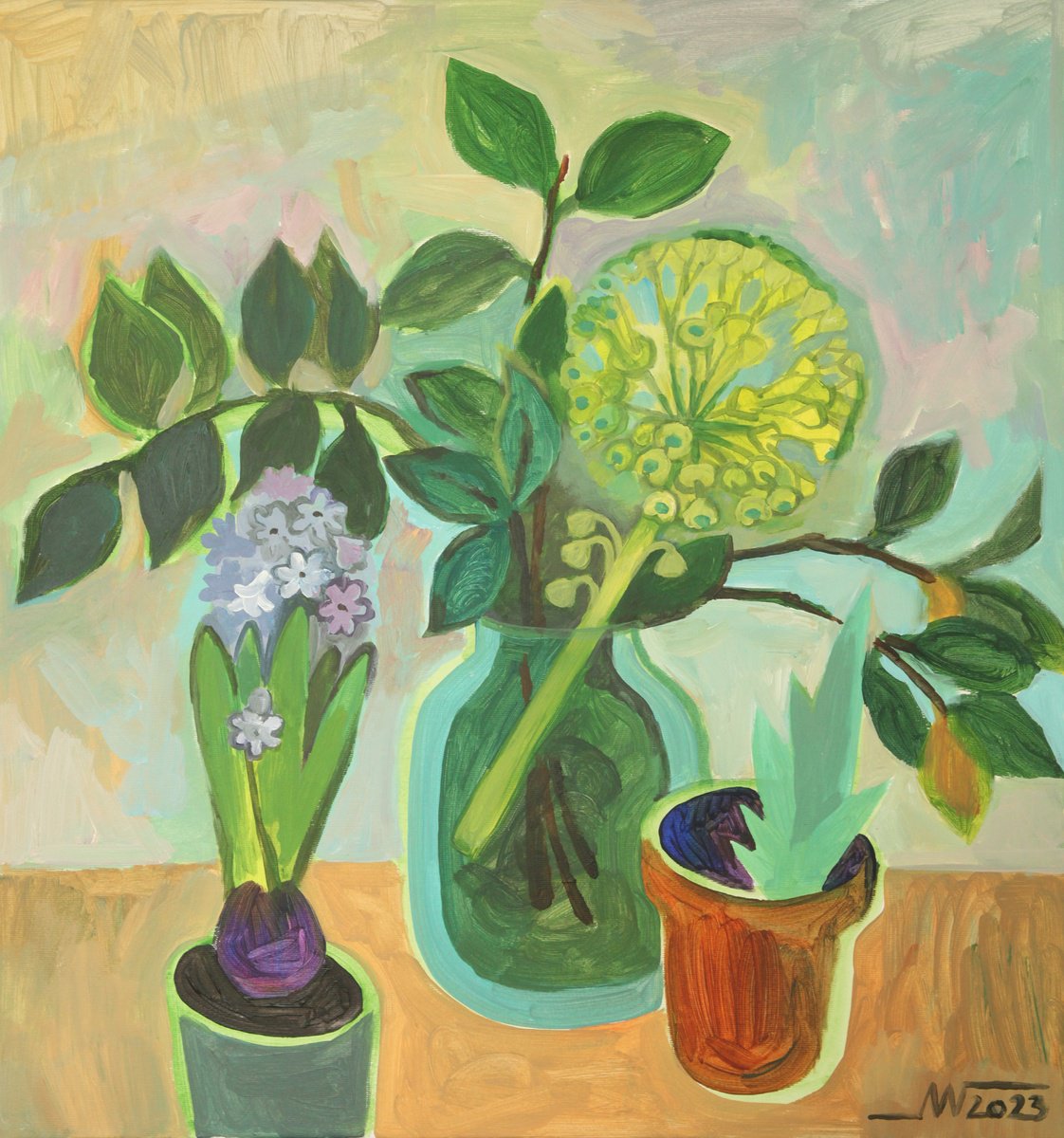 Botanical Acrylic Painting By Marina Gorkaeva, 20 X 22", Flowers, Original Artwork