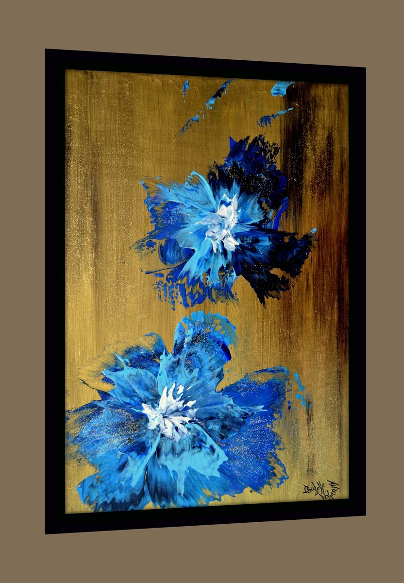 Posie - blue gold copper - free shipping - flowers - abstract - palette knife painting - by Isabelle Vobmann