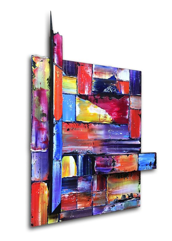 "The Pixel Variations" - FREE USA SHIPPING - Original Triptych PMS Mixed Media Sculptural Paintings On Wood, Framed -  65 x 26 inches