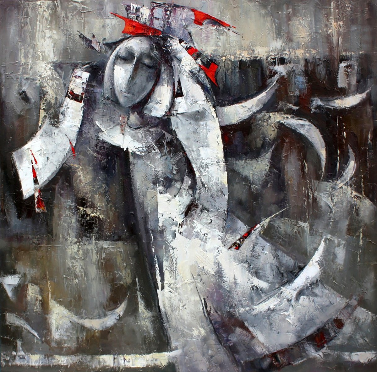Impressionistic Abstract Oil Painting By Valentina Kozyar, 39 X 39", Silver Angel, Original Artwork