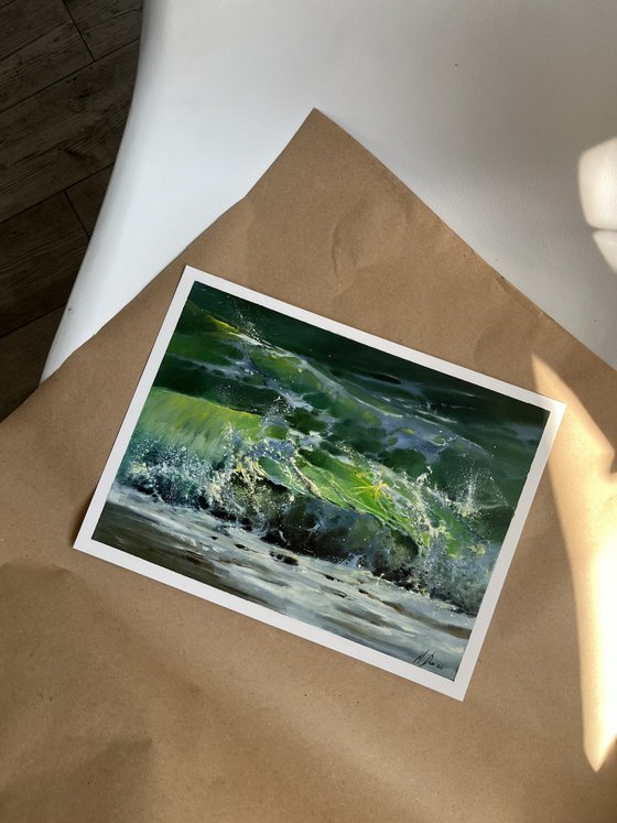 Green wave original oil painting