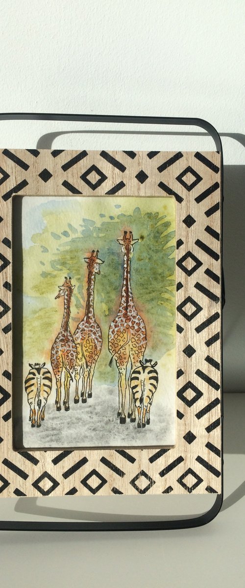 Animal drawing - Giraffes mixed media watercolor - Framed small artwork - Gift idea (2021) by Olga Ivanova