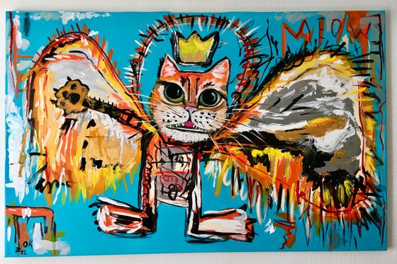 Red Cat King fallen Angel  (122x 81, ( 48x 32 inches ) version of painting by Jean-Michel Basquiat  Untitled (Fallen  Angel