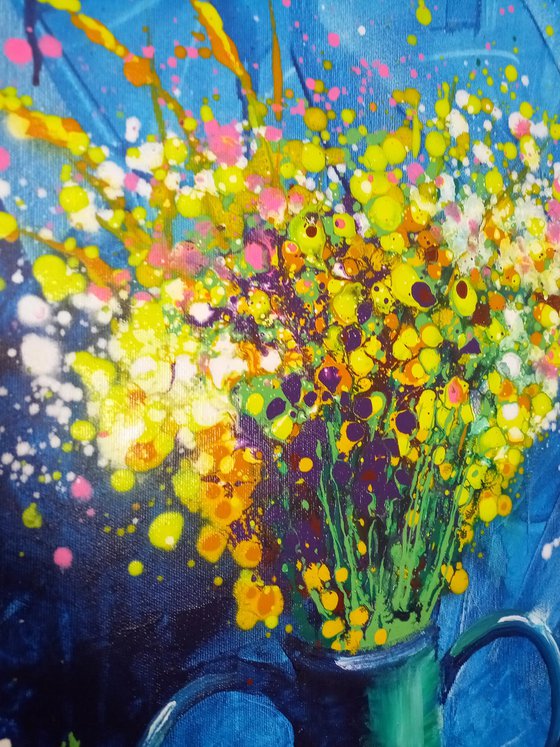 'BLUE AND YELLOW FLORAL JOY' - Acrylics Painting