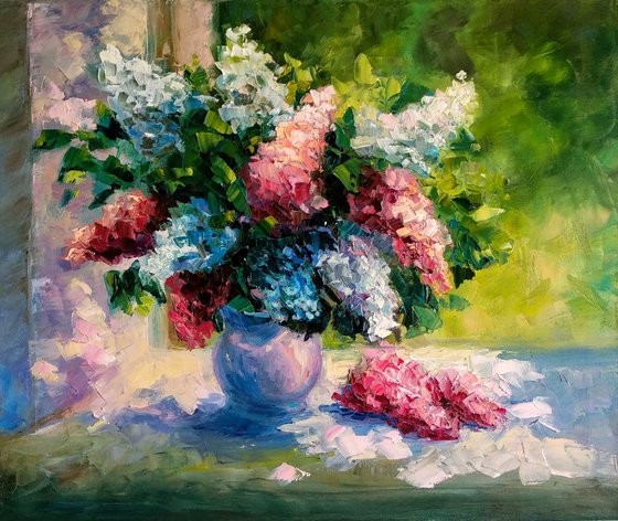 Bouquet of Flowers in vase Spring Floral Gift Open Window Impasto Art
