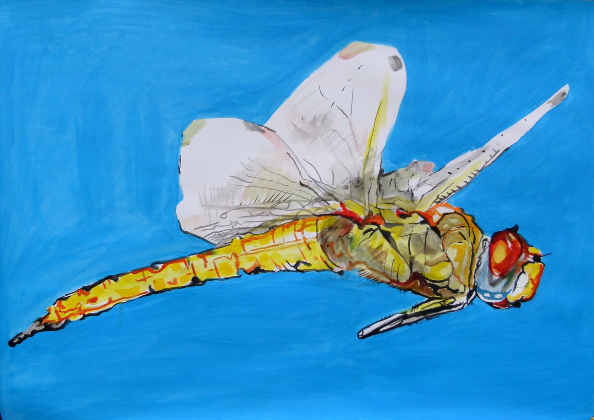 Impressionistic Animal Acrylic Painting By Soso Kumsiashvili, 33 X 24", Dragonfly, Original Artwork