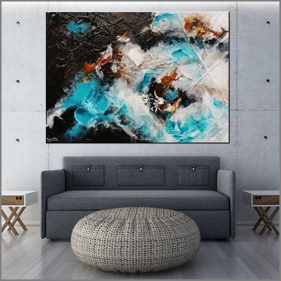 Aquatic Silk 140cm x 100cm Aqua Black Textured Abstract Art