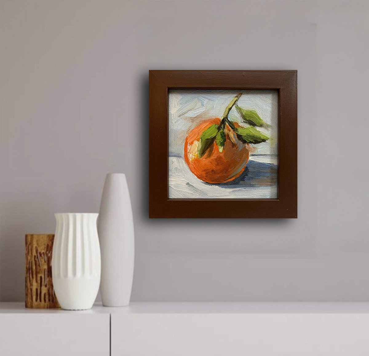 Expressive Still Life Oil Painting By Vita Schagen, 5 X 5", Orange Fruit With Leaves., Original Artwork