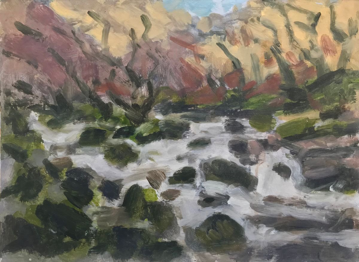 Impressionistic Landscape Acrylic Painting By Hugo Lines, 11 X 8, Dartmoor - River Dart No3, Original Artwork