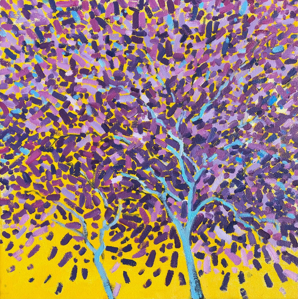 Impressionistic Landscape Oil Painting By Volodymyr Smoliak, 12 X 12", Violet Tree, Original Artwork