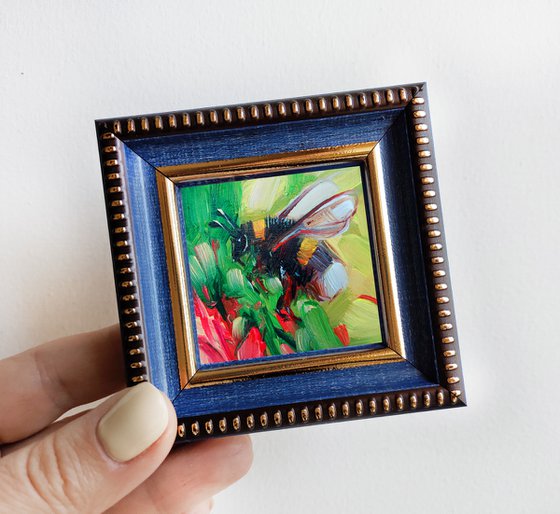 Bumblebee oil painting original 2x2 in frame, Bee artwork painting yellow green, Small painting framed Honey bee wall art