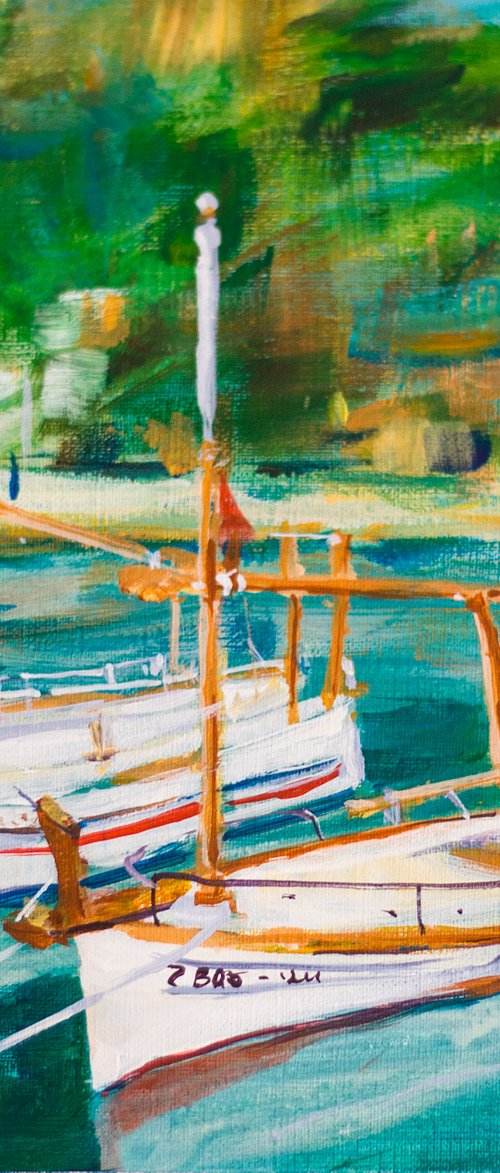 Seaside town in Catalunya. Sunny small landscape with boats. Original acrylic painting spain blue gift by Sasha Romm