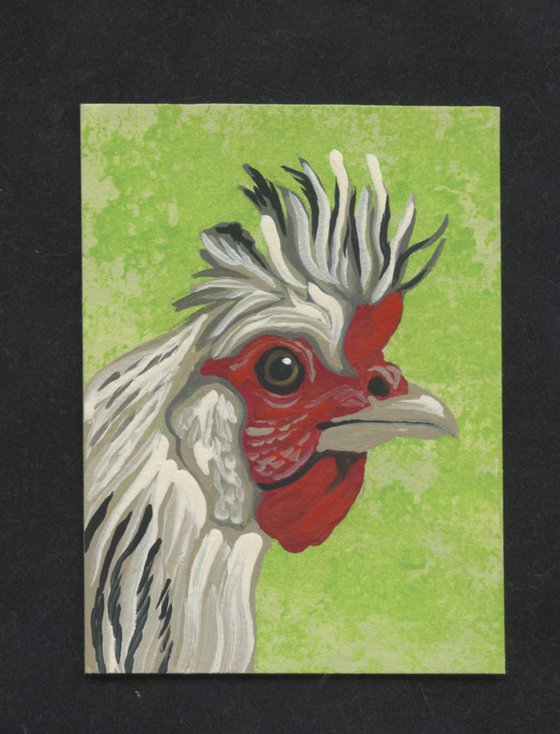 ACEO ATC Original Miniature Painting Fancy Chicken Bird Farmyard Art-Carla Smale