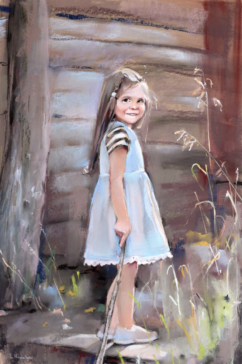 Little girl - Portrait - Sunny day - Pastel drawing by Yuliia Meniailova