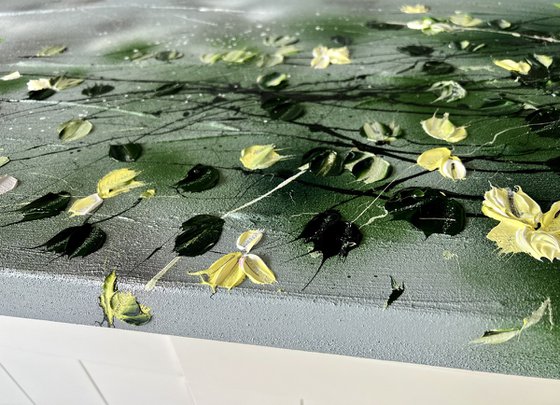 “Yellow Roses After Rain" landscape format textured art