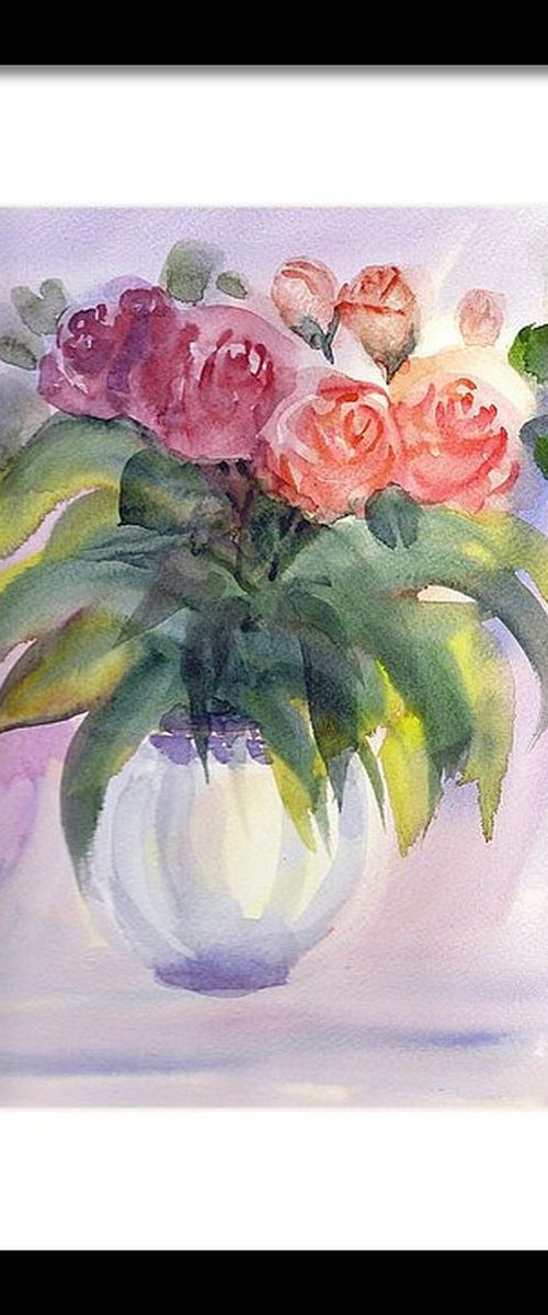 Spring Pink roses in a Vase by Asha Shenoy