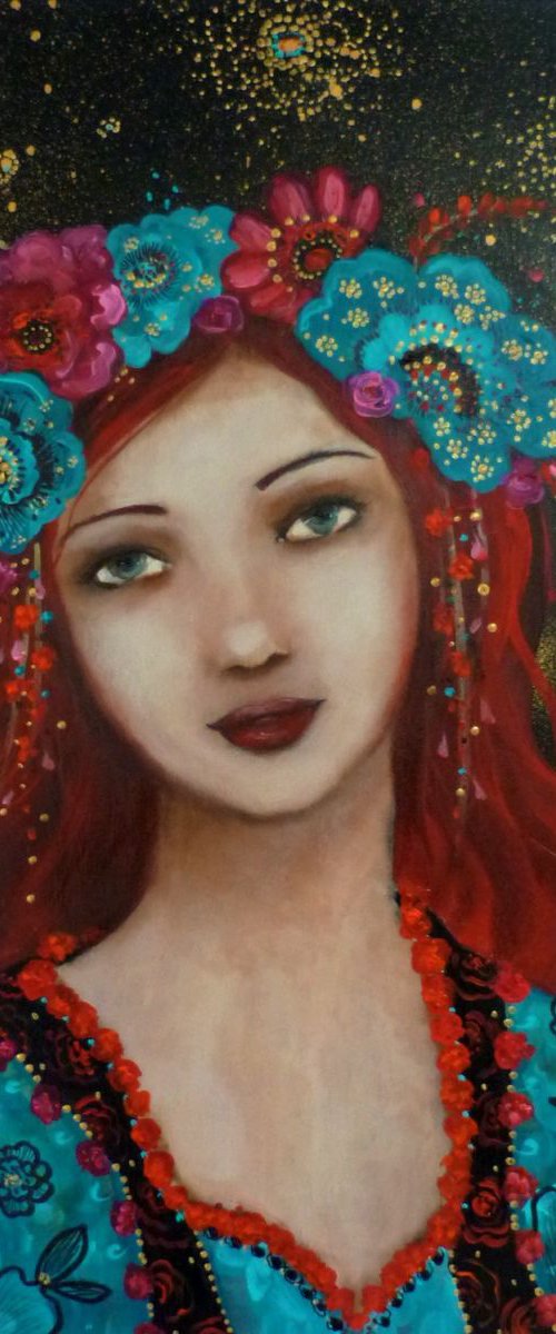 Sweet Norma, acrylic on canvas , bohemian redhair woman by Loetitia Pillault