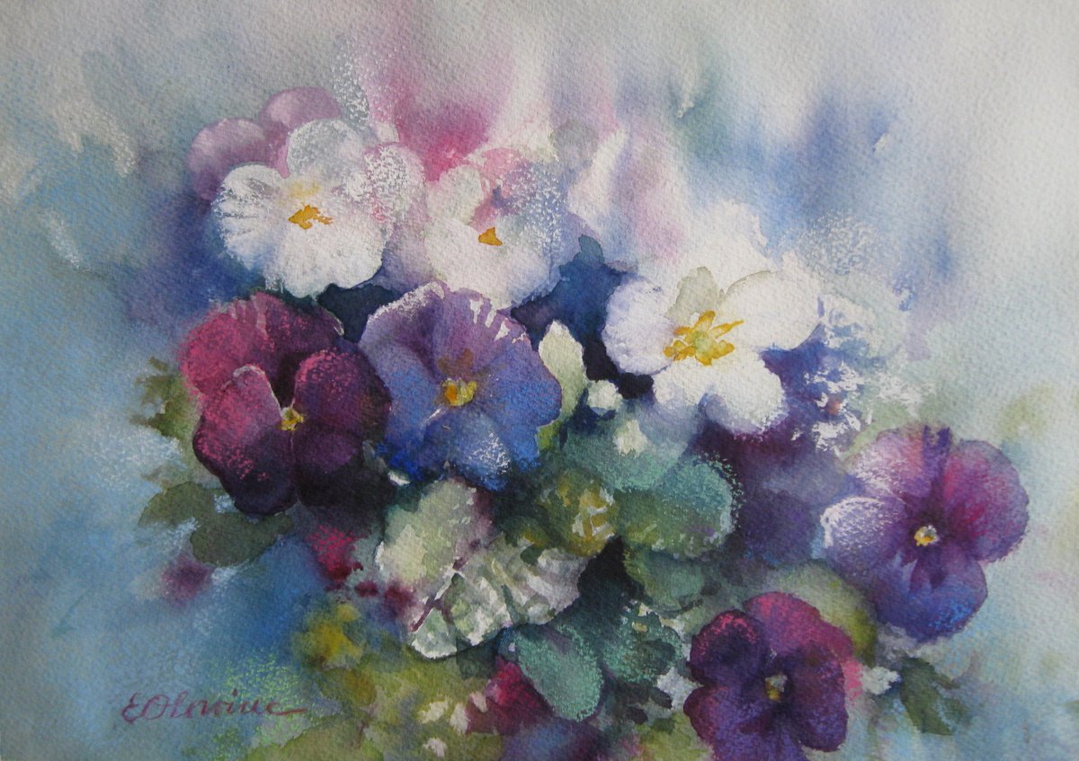 Impressionistic Botanical Painting By Elena Oleniuc, 14 X 10, Flowers - Pansies, Original Artwork